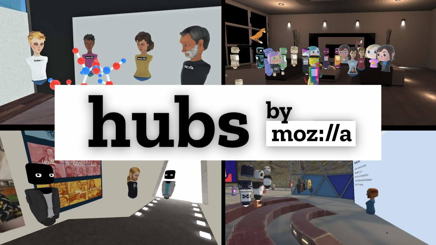 Screenshot des Logos von Mozilla Hubs auf virtuell gestalteten Räumen